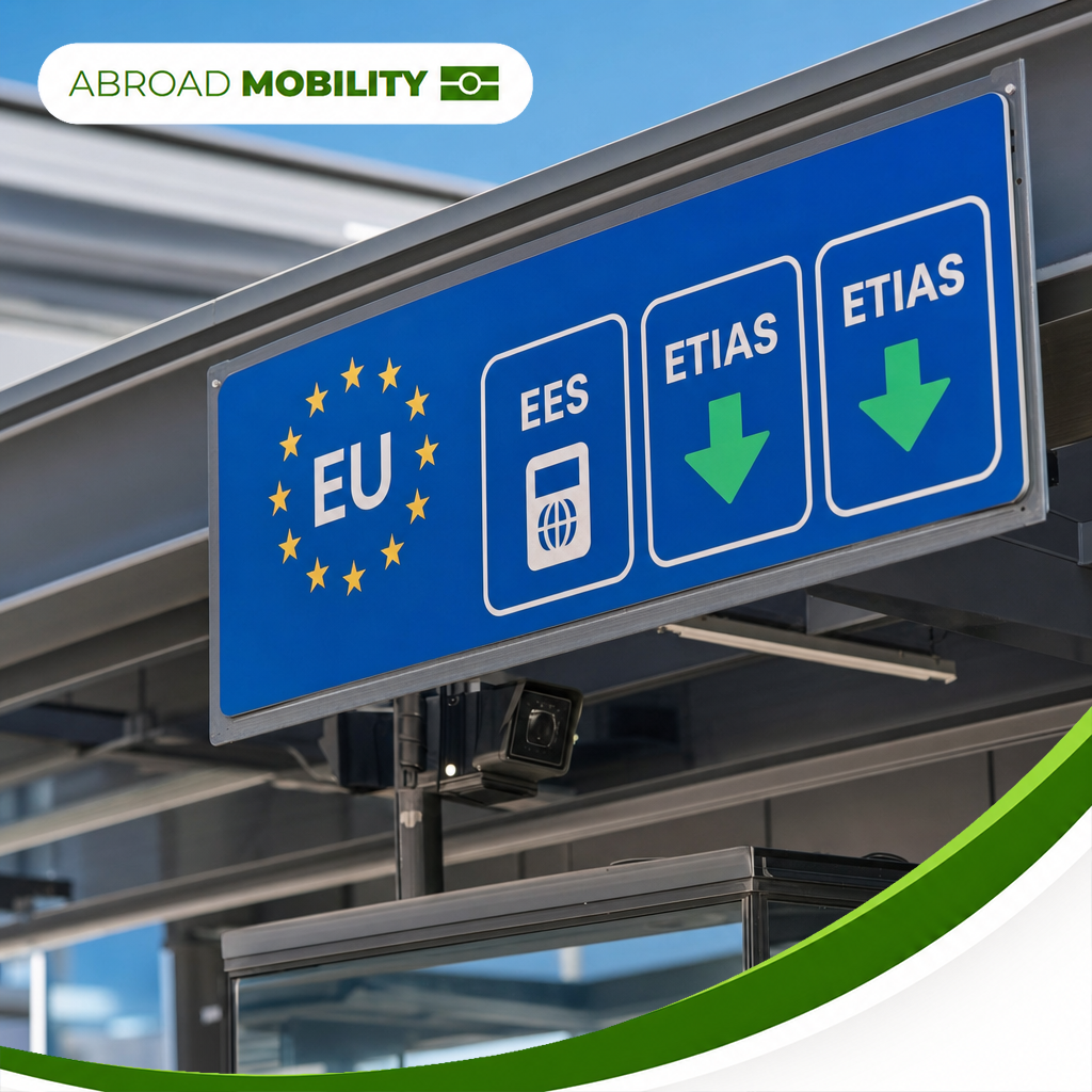 European airport border checkpoint with Schengen signage and digital travel authorisation display