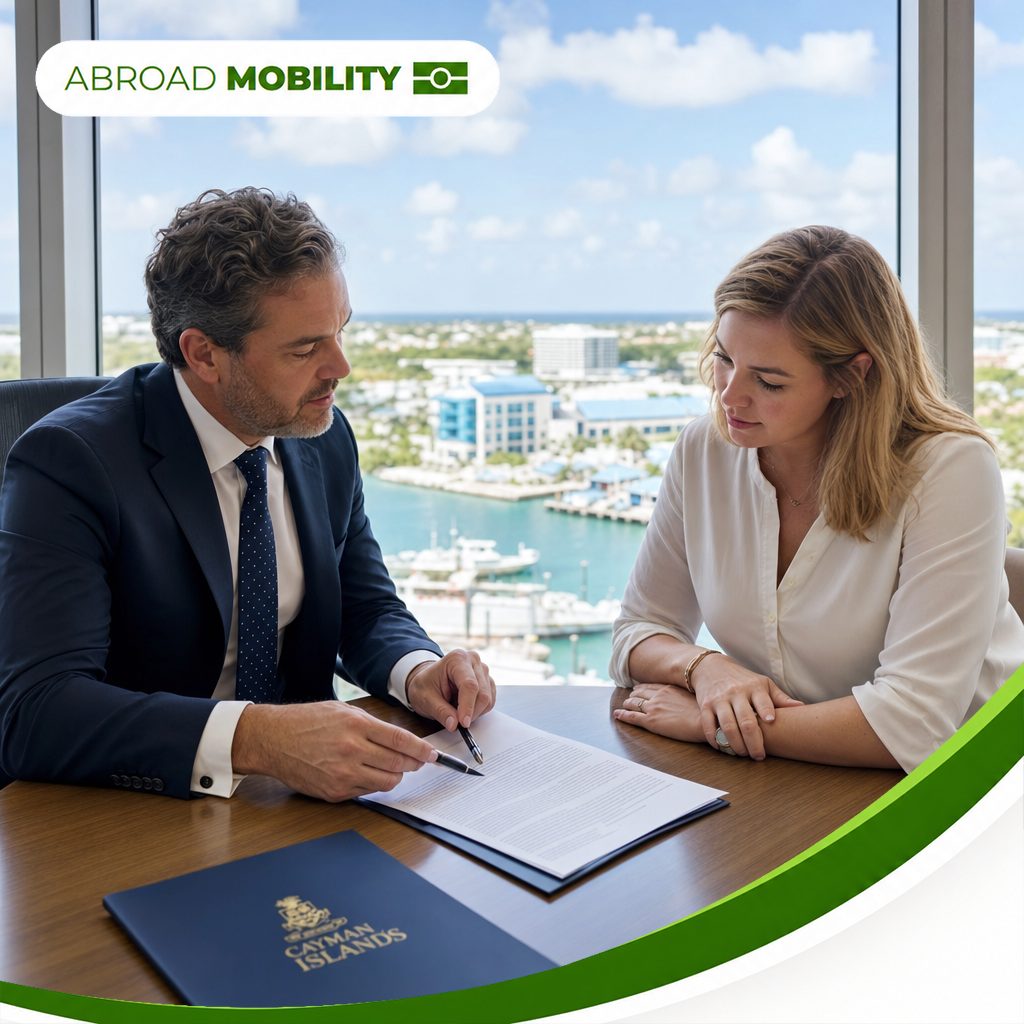 Advisor and client examining Cayman Islands immigration documents in office