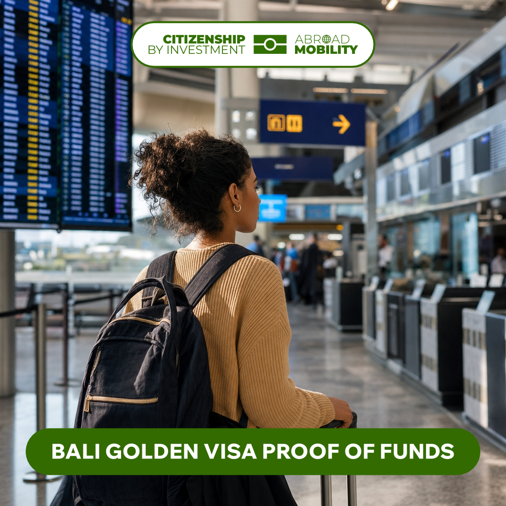 Traveller with a backpack at an airport departures board, with the caption Bali Golden Visa Proof of Funds