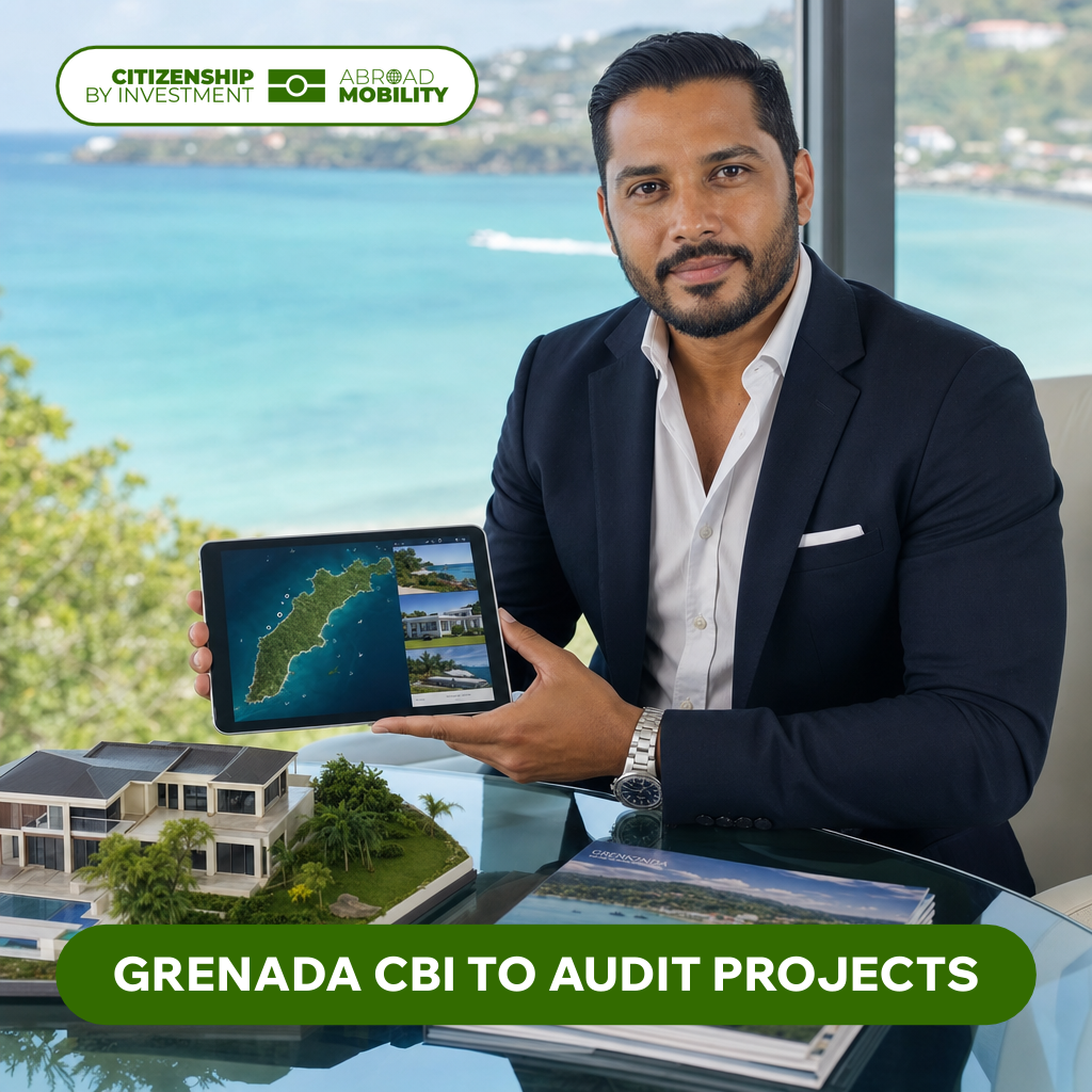 Advisor presenting Grenada project locations on a tablet beside an architectural model, with a Caribbean coastline behind.