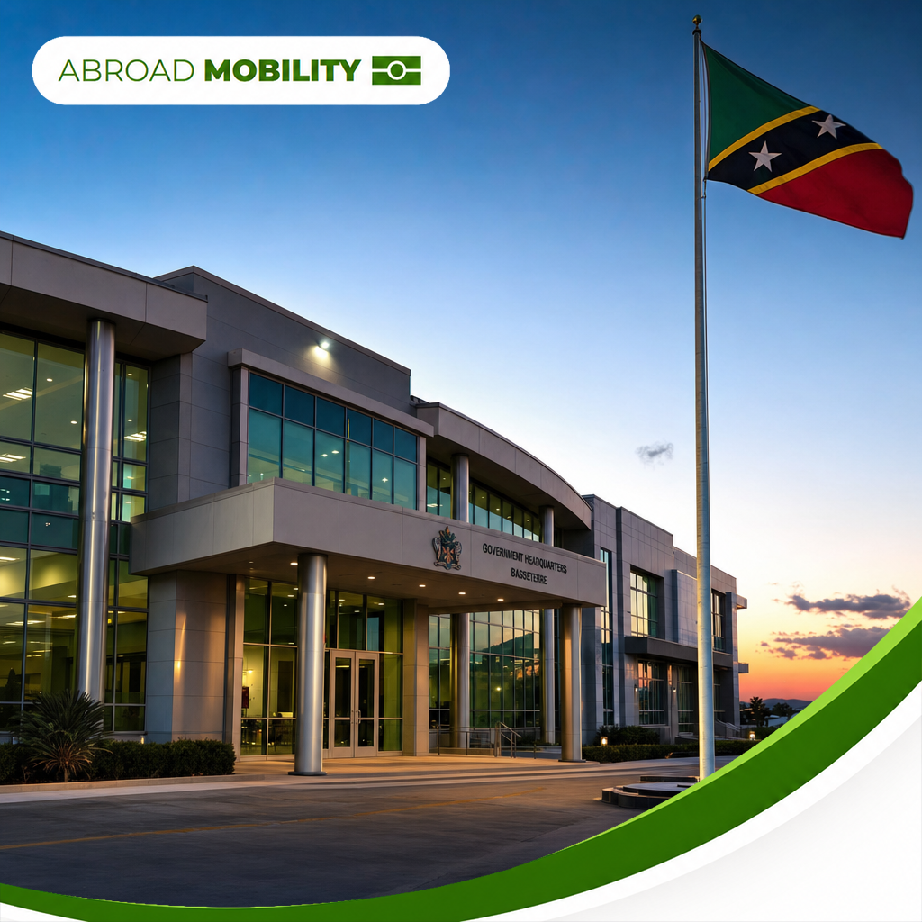 Basseterre government buildings and St Kitts flag symbolizing citizenship policy update