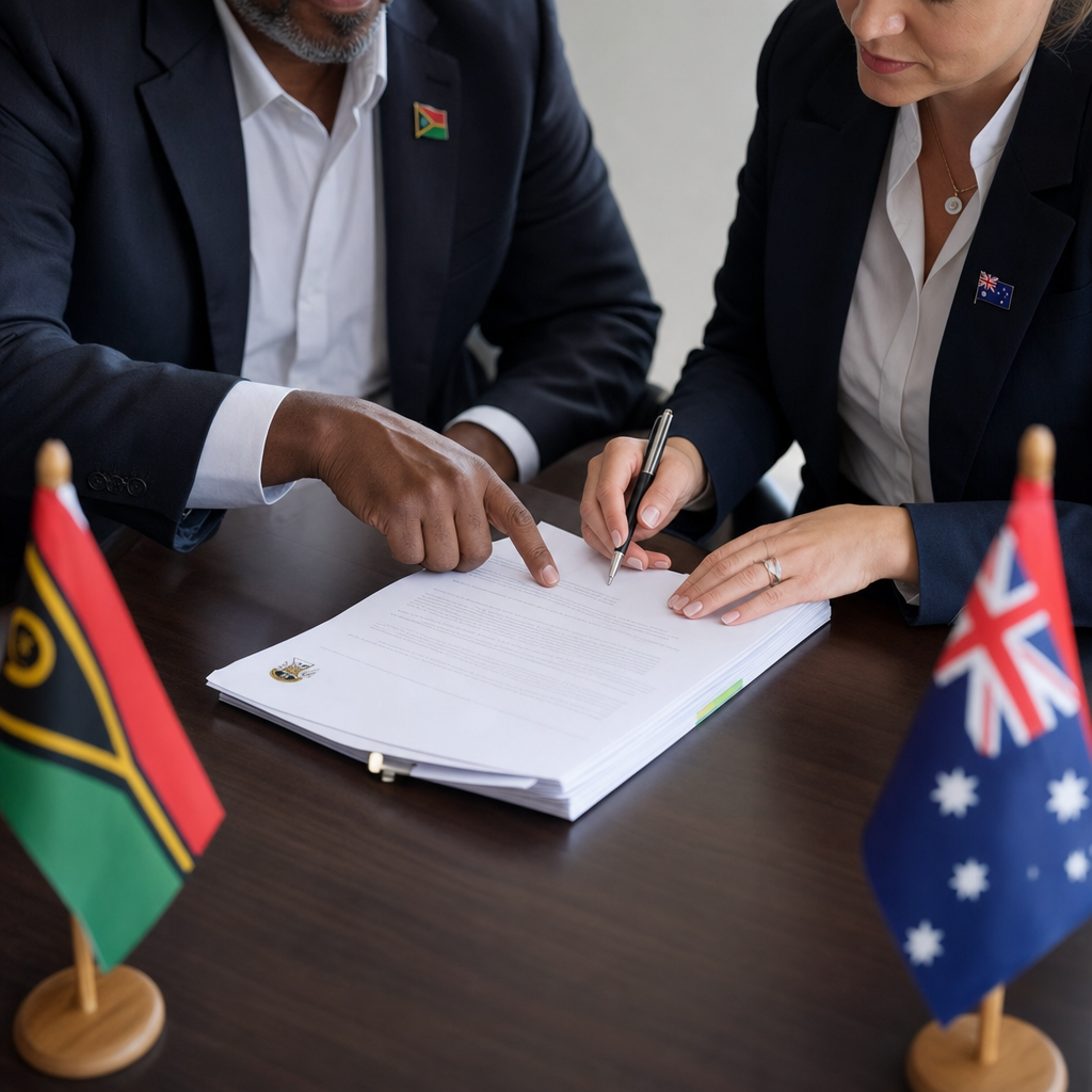 Officials at a meeting table in Port Vila reviewing citizenship policy documents