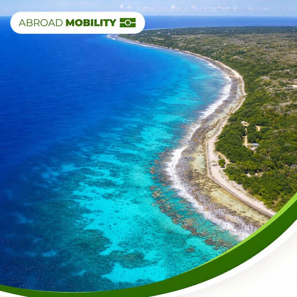 Aerial coastline view of Nauru with turquoise lagoon and reef