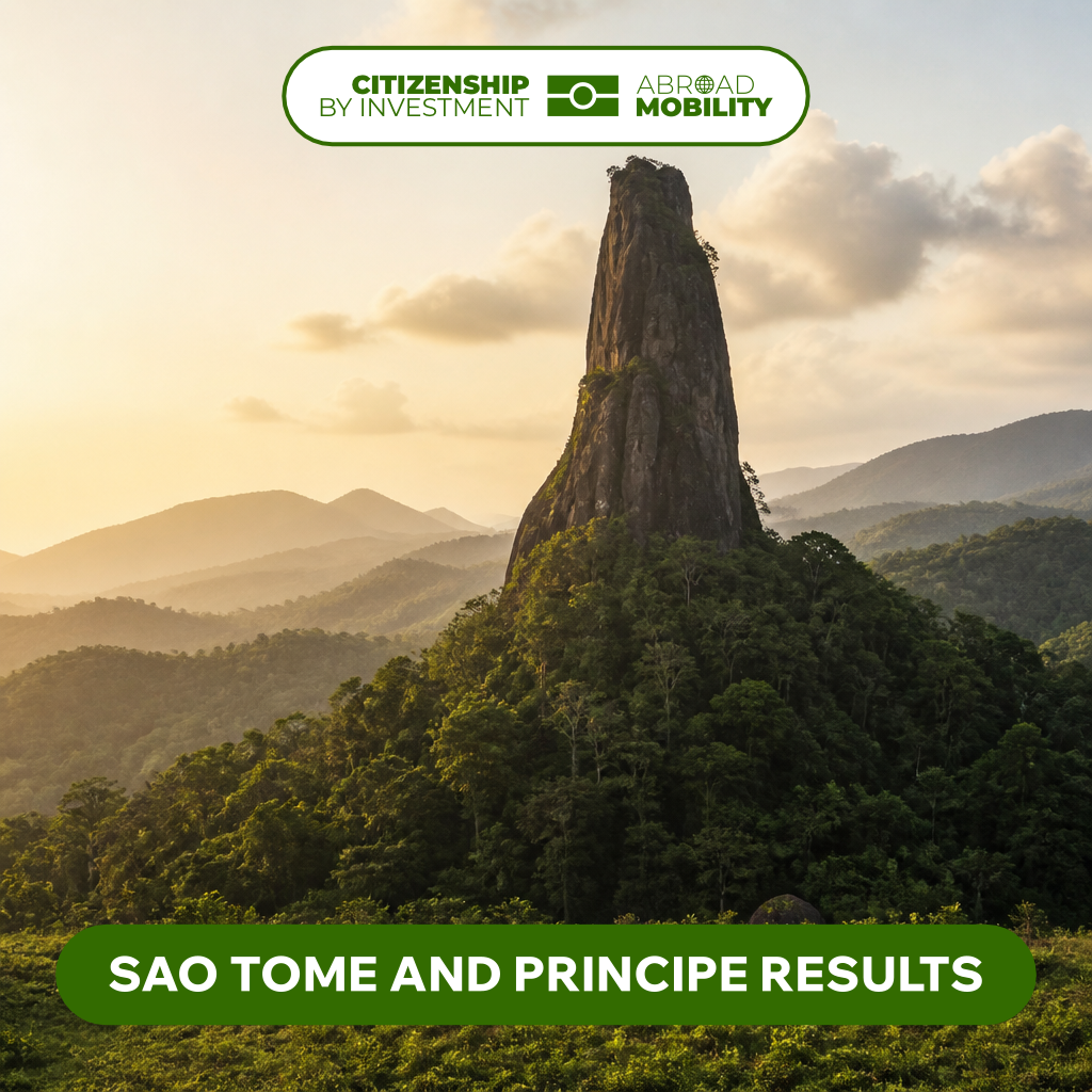 Pico Cao Grande volcanic spire rising out of the rainforest of Sao Tome and Principe at golden hour.